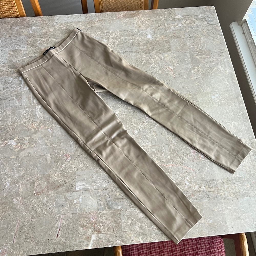 Zara Fleece Lined Faux Leather Leggings Pants Tan Beige Medium